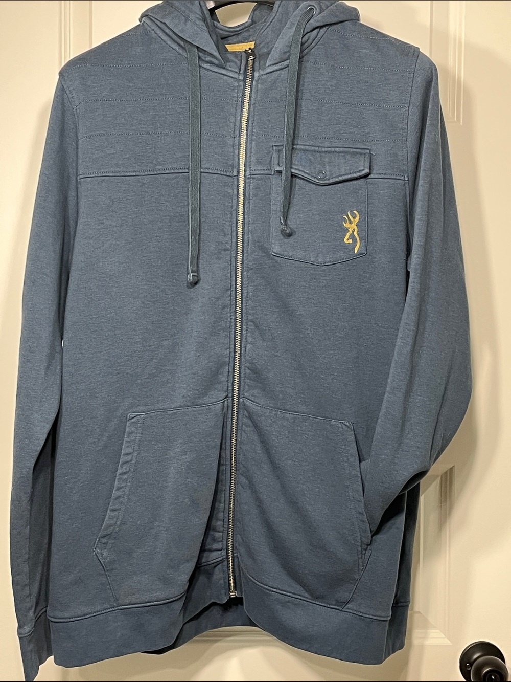 Browning Full Zip Hoodie Blue Buckmark Logo Chest Pocket Men’s XL Hunting